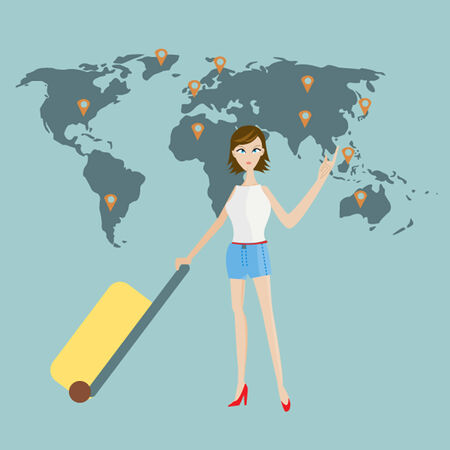 Sexy lady with a luggage travel by air around the world with world map as backgroundのイラスト素材