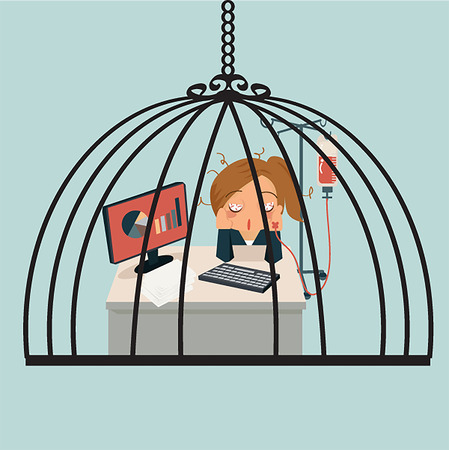 Businesswoman sitting in office, looking tired and her hand attaching intravenous tube to medicine dropper and stuck in birdcase..  Working very hard concept.のイラスト素材