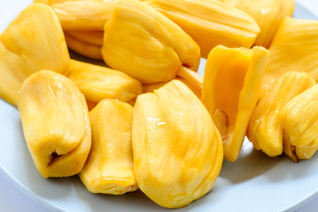 Juicy jackfruit isolated on white background, selective focus.の写真素材
