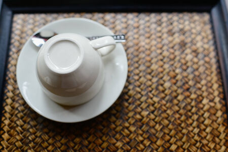 Empty coffee cups set on tray.の写真素材