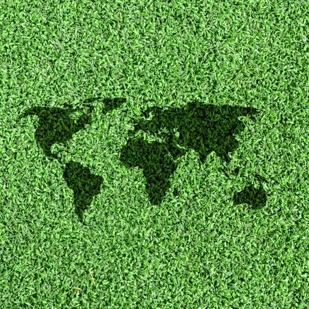 World map on Artificial Grass Field Landscape Viewの写真素材