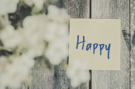 Vintage style effect Happy message on  wooden backgroundの写真素材