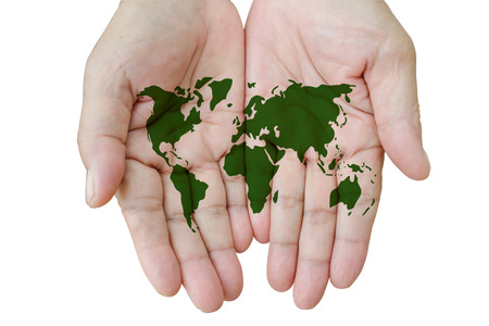 Map of the world in your hands isolated on white.の写真素材