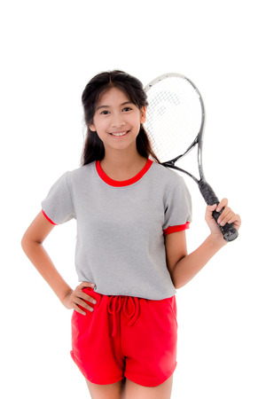 Girl holding tennis racket isolated on white.の写真素材