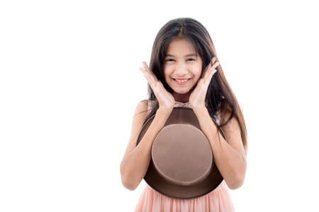 girl with hat, isolated on white backgroundの写真素材