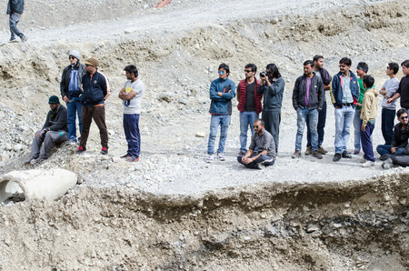Ladakh,India - July 20,2015 : Indian Travelers waiting worker clear the road to Manali affected by landslideのeditorial素材