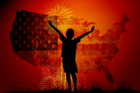 Boy raising his hands standing during sun set with firework and usa map and flag, Independence Day conceptの写真素材