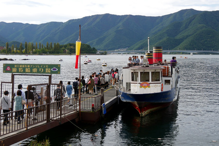 KAWAGUCHIKO, JAPAN - OCTOBER 8, 2016: Sightseeing boat in the lake of Kawaguchi near Mount Fujiのeditorial素材