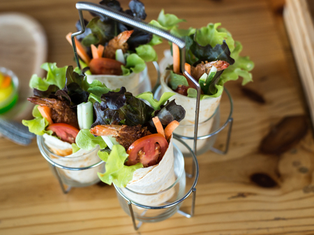 Fried shrimp Kofta kebabs on wooden trayの写真素材