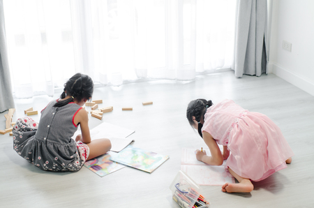Back of girls drawing picture on floor at home.の写真素材