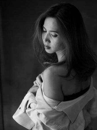 Portrait of beautiful Asian woman in black and white.の写真素材