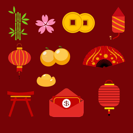 New Year icon set elements on red background.のイラスト素材