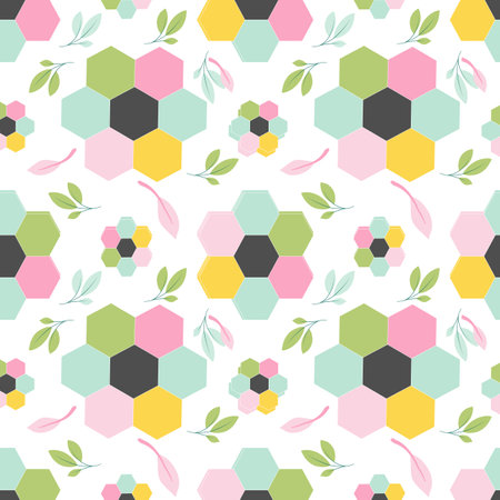Seamless pattern with hexagons and flowers. Vector illustration.のイラスト素材