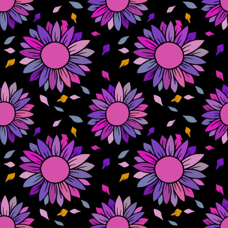 Seamless pattern with sunflowers on black background. Vector illustration.のイラスト素材