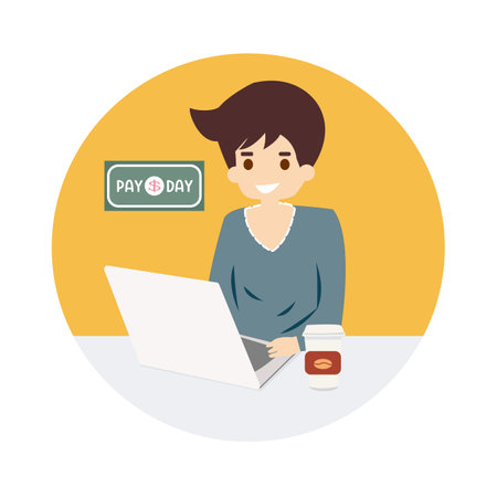 A man using laptop for paying personal bills.のイラスト素材