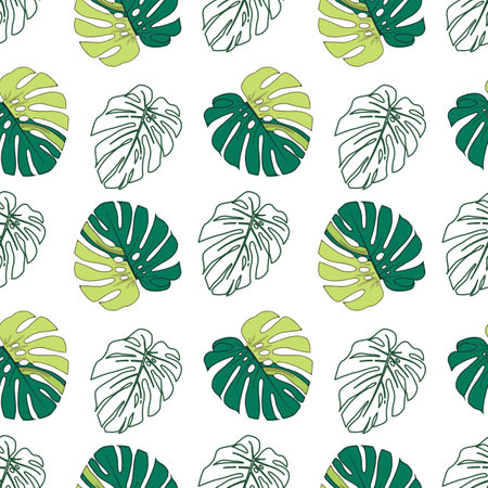 Seamless pattern with green monstera leaves on white background.のイラスト素材