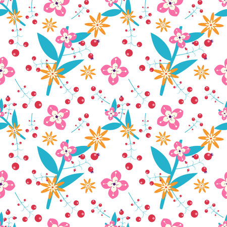 Seamless floral pattern with flowers and berries. Vector illustration.のイラスト素材