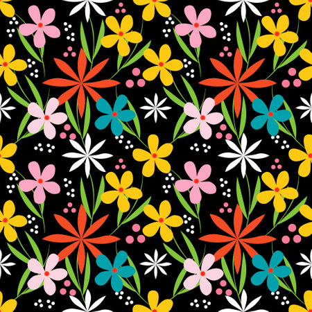 Seamless pattern with flowers on black background. Vector illustration.のイラスト素材