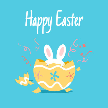 Happy Easter with cracked Easter egg and bunny.のイラスト素材