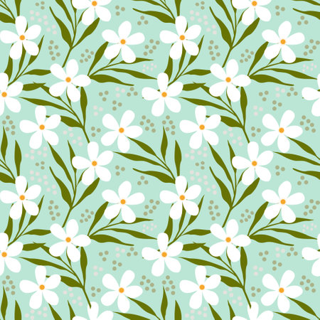 Seamless floral pattern with white flowers on a green background.のイラスト素材