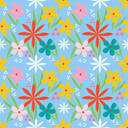 Seamless pattern with colorful flowers on blue background. Vector illustration.のイラスト素材