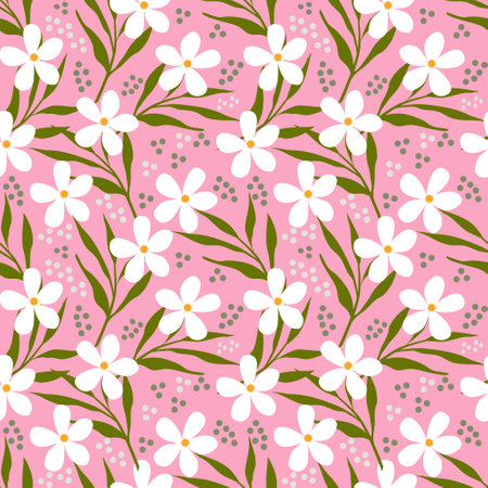 Seamless pattern with white flowers on pink background. Vector illustration.のイラスト素材