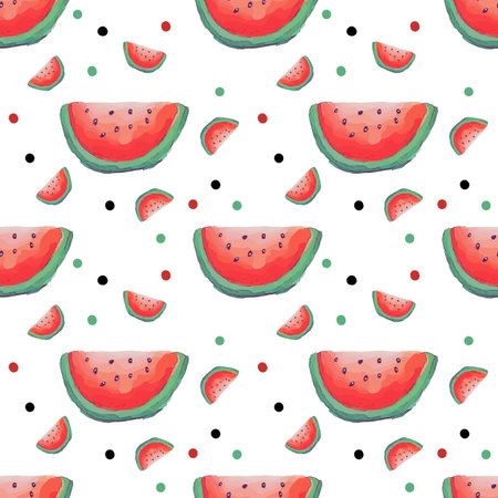 Seamless pattern with watermelon slices and dots on white backgroundのイラスト素材