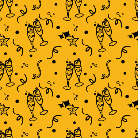 Champagne glasses seamless pattern on yellow backgroundのイラスト素材