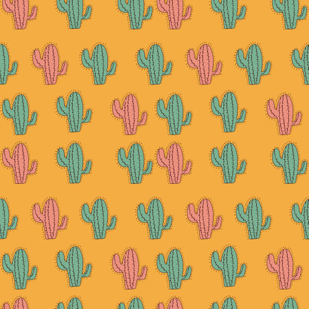 Pink and mint green Cactuses seamless pattern on yellow background.のイラスト素材