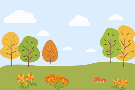 Autumn trees with green grass and blue sky.のイラスト素材