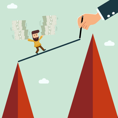 Businessman writing way for his partner who is carrying stacks of money to easy cross other hill, mentor and partnership concept.のイラスト素材
