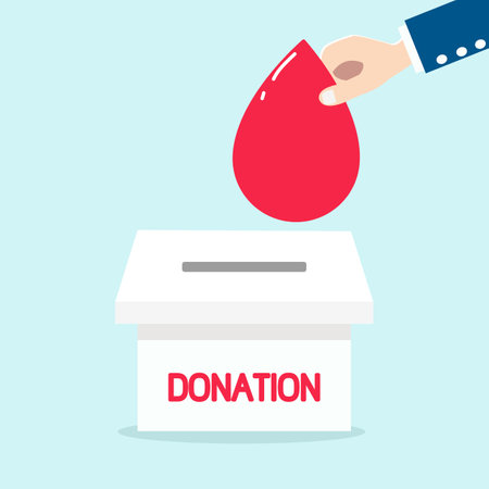Hand holding blood sign above charity box for d blood donation concept.のイラスト素材