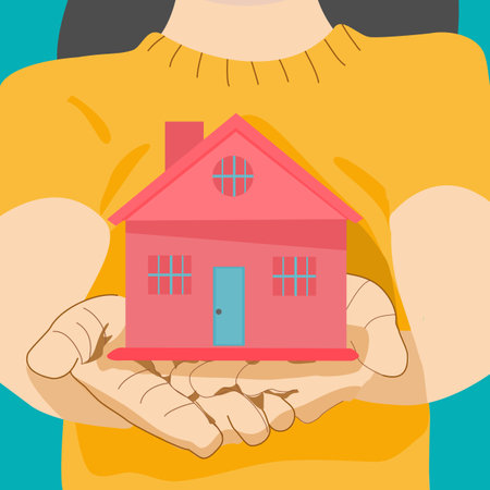 Pink house in woman hands, real estate concept.のイラスト素材