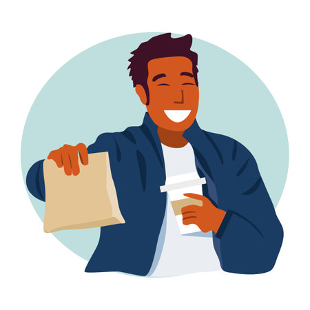Happy man holding take away food paper bag and coffee mug, on the go concept.のイラスト素材