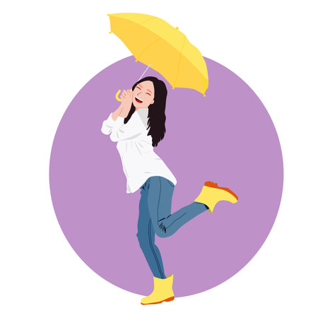 Happy girl with yellow umbrella and boots, season change concept.のイラスト素材