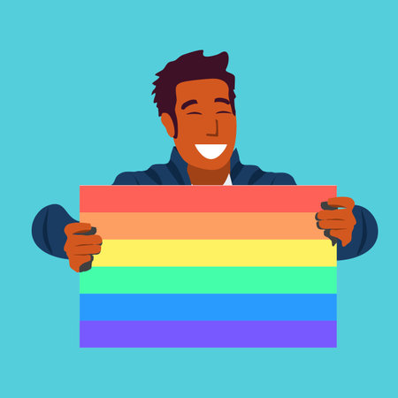 Happy man holding gay pride rainbow flag for Pride Month concept.のイラスト素材