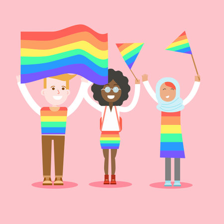 Group of people holding rainbow pride flags for  Pride month concept.のイラスト素材