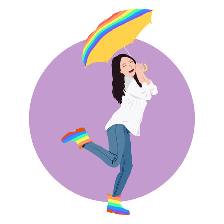 Happy girl with rainbow umbrella and boots, LGBT or gender equality concept.のイラスト素材