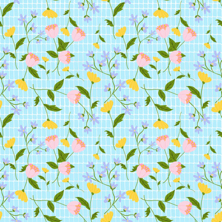 Wild floral seamless pattern on blue background.のイラスト素材