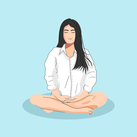 Woman wearing white shirt making meditation.のイラスト素材