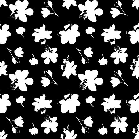 Seamless pattern with flowers and butterflies on a black background.のイラスト素材