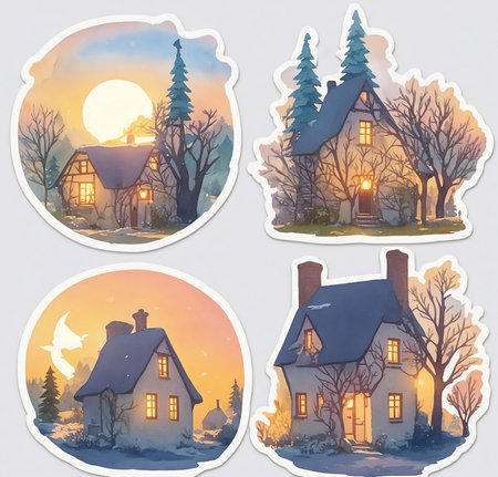 Set of Christmas cards with houses in the winter forest. Vector illustration.の写真素材