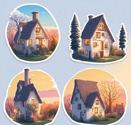 Set of four cards with houses in the forest. Vector illustration.の写真素材