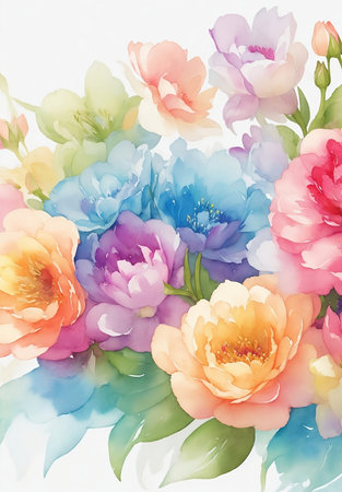 Flowers watercolor illustration. Manual composition. Mother's Day, wedding, birthday, Easter, Valentine's Day. Pastel colors. Spring. Summer.の写真素材