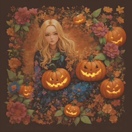 Halloween girl with pumpkins and flowers on dark background. Vector illustration.の写真素材