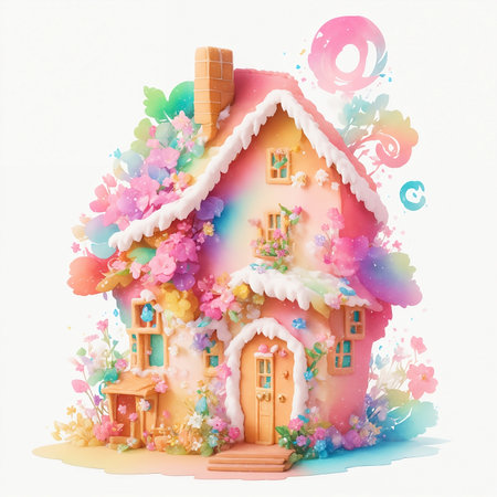 Gingerbread house with pink flowers and ice cream on white backgroundの写真素材