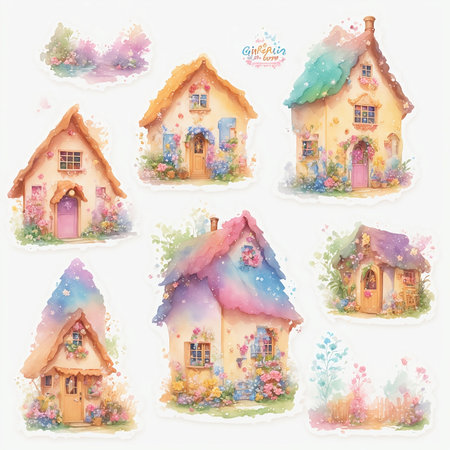 A collection of watercolor illustrations of cute houses in the garden.の写真素材