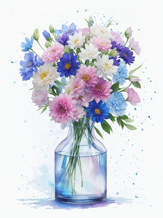 Colorful bouquet of flowers in a blue box on a white backgroundの写真素材