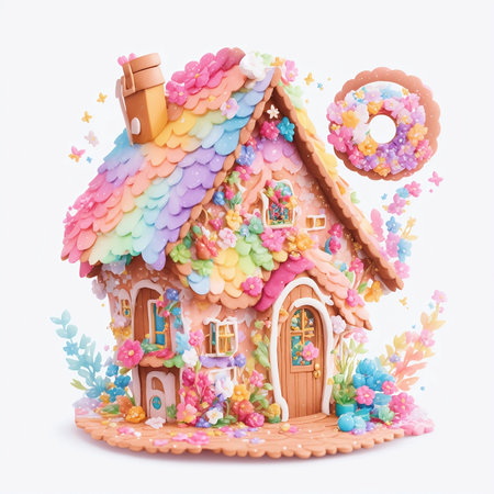 Gingerbread house with colorful icing and sprinkles on white backgroundの写真素材