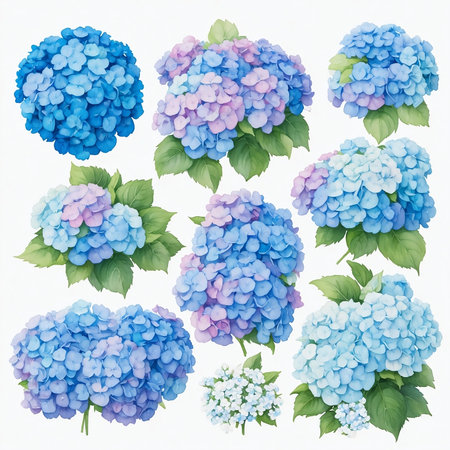 Set of blue hydrangea flowers isolated on white background.の写真素材